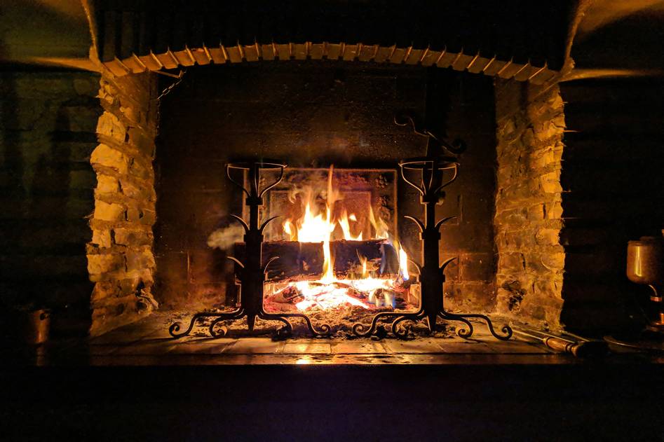Cozy outdoor fireplace setup with logs and seating in a garden setting